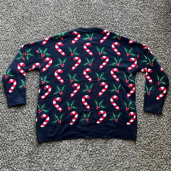 Kiabi Christmas Sweater Mens XL Navy Blue Christmas Candy Cane Festive Pullover - Picture 4 of 6